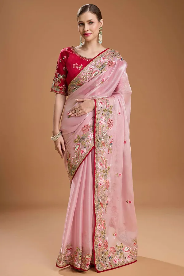 Pink_Organza_Embroidered_Saree_With_Red_Embroidered_Blouse