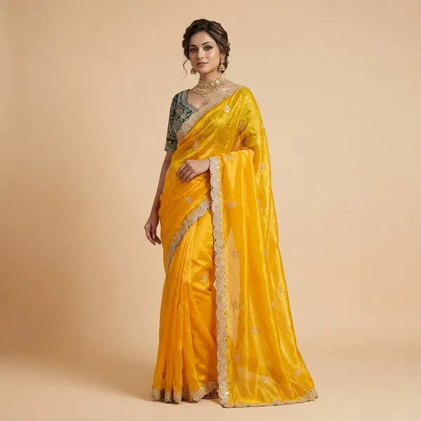 Yellow_Organza_Silk_Saree_With_Embroidered_Blouse_And_Golden_Border