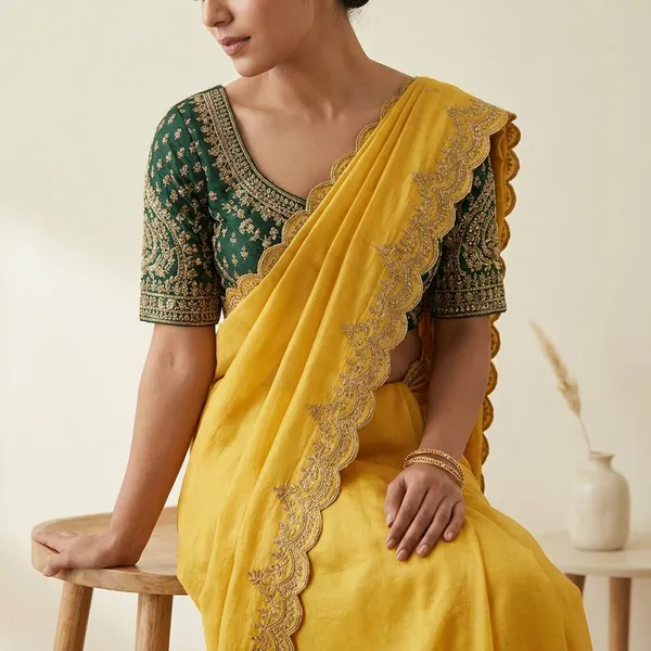 Yellow_Organza_Silk_Saree_With_Embroidered_Blouse_And_Golden_Border