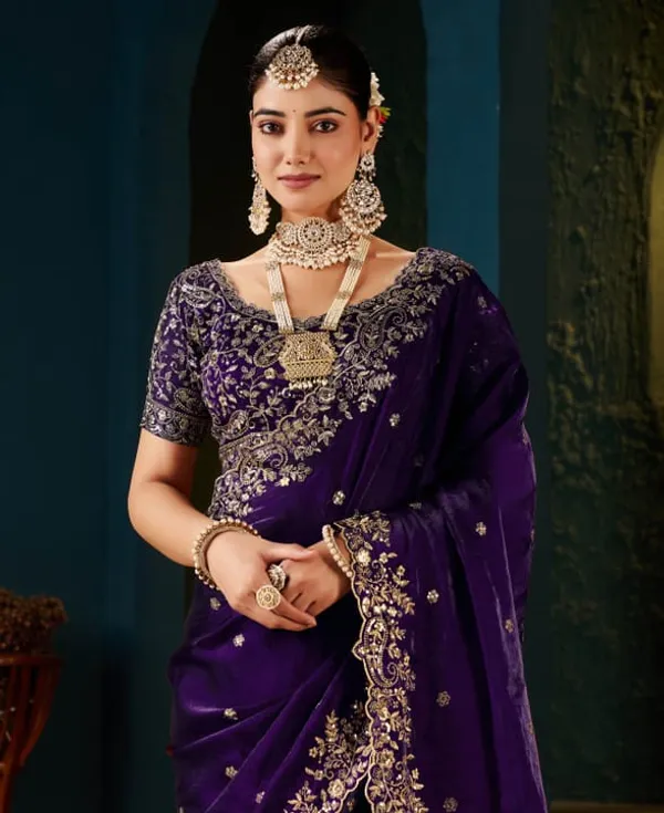 Purple_Embroidered_Velvet_Blouse_With_Scalloped_Neckline_And_Tassel_Details