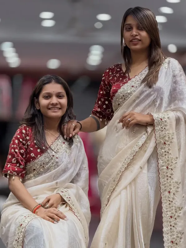 White_Organza_Saree_With_Sequin_Border_And_Maroon_Embroidered_Blouse