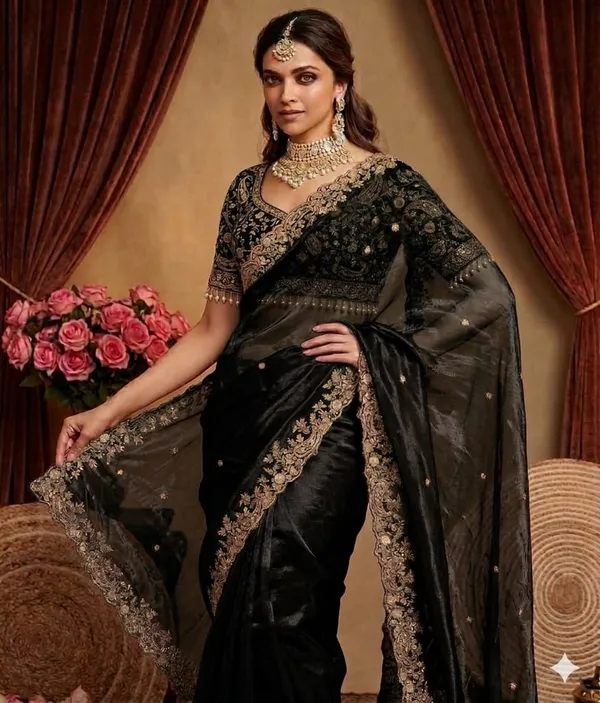 Black_Embroidered_Saree_With_Heavy_Border_And_Blouse