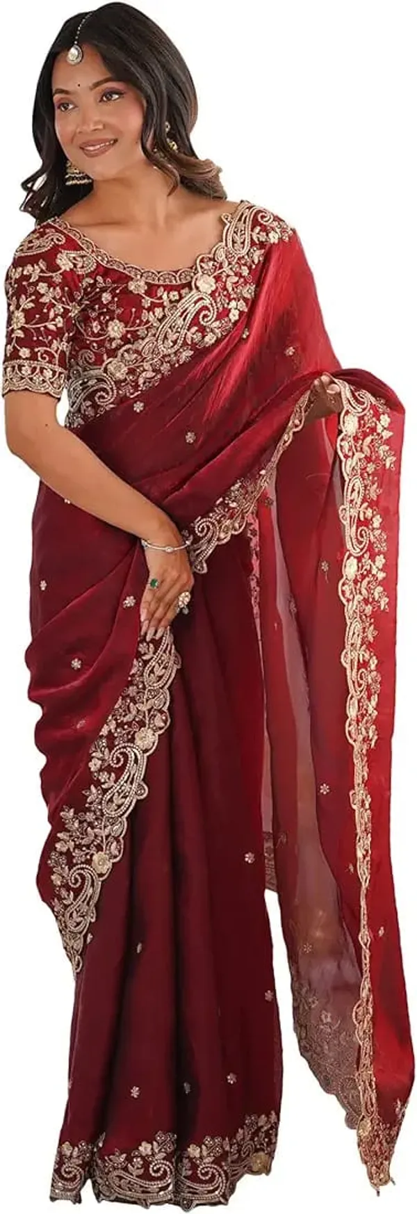 Maroon_Embroidered_Net_Saree_With_Golden_Border_And_Blouse