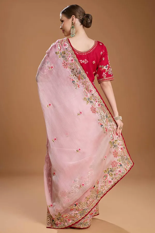 Pink_Organza_Embroidered_Saree_With_Red_Embroidered_Blouse