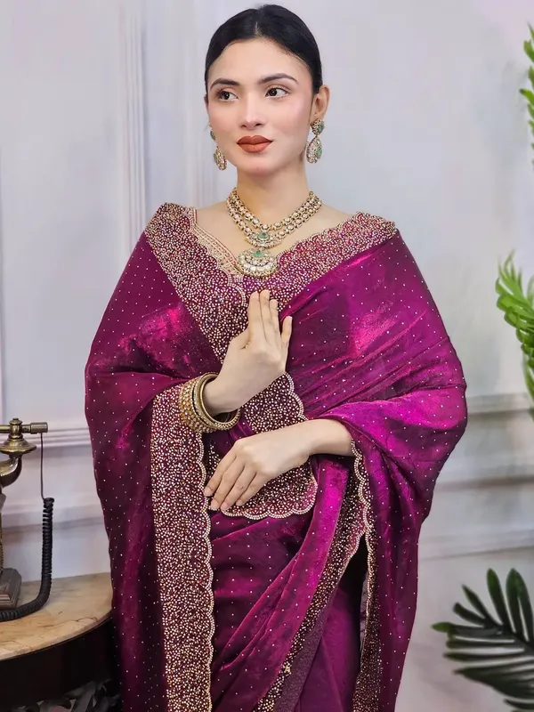 Magenta_Embellished_Saree_With_Embroidered_Border_And_Matching_Blouse