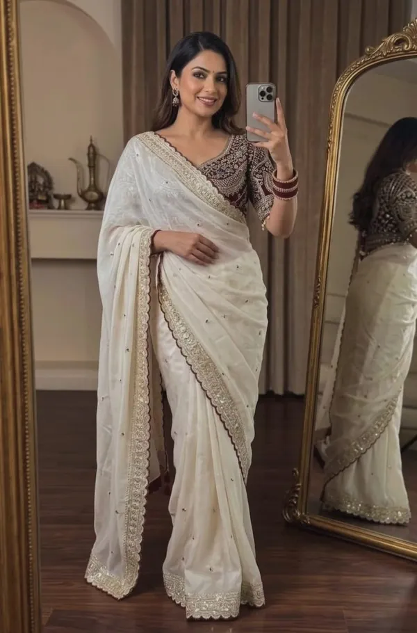 Elegant_Offwhite_Saree_With_Embroidered_Border_And_Contrast_Blouse