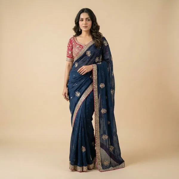 Navy_Blue_Silk_Saree_With_Golden_Border_And_Red_Embroidered_Blouse
