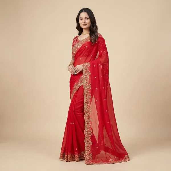 Red_Embellished_Saree_With_Heavy_Border_And_Embroidered_Blouse