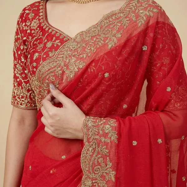 Red_Embellished_Saree_With_Heavy_Border_And_Embroidered_Blouse