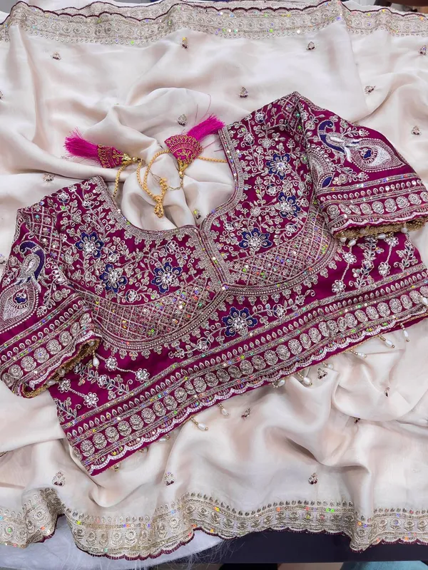 Embellished_Ethnic_Blouse_With_Dupatta_Set_Maroon_And_Offwhite