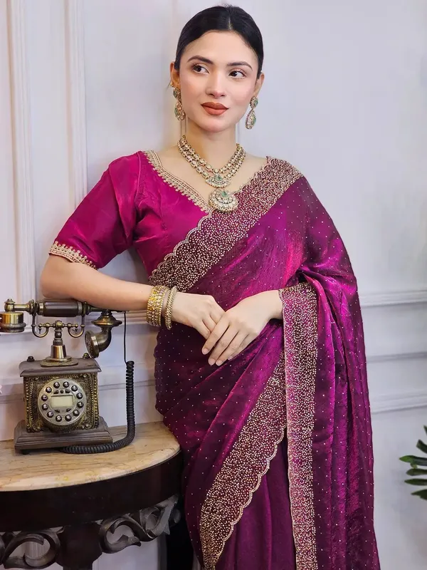 Magenta_Embellished_Saree_With_Embroidered_Border_And_Matching_Blouse