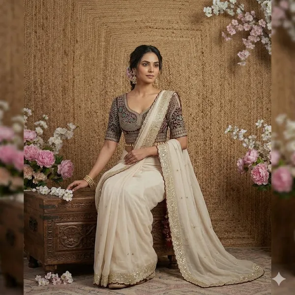 Elegant_Offwhite_Saree_With_Embroidered_Border_And_Contrast_Blouse