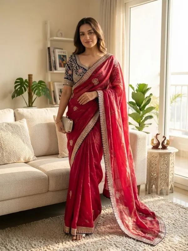 Red_Silk_Saree_With_Embellished_Blue_Blouse
