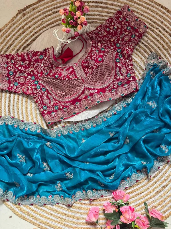 Teal_Blue_Embroidered_Wedding_Saree_With_Pink_Sequin_Blouse