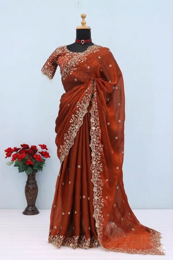 Elegant_Rust_Orange_Embroidered_Saree_With_Blouse