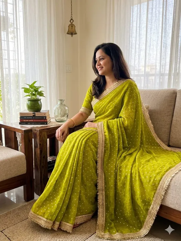 Lime_Green_Silk_Saree_With_Golden_Border_And_Butti_Work