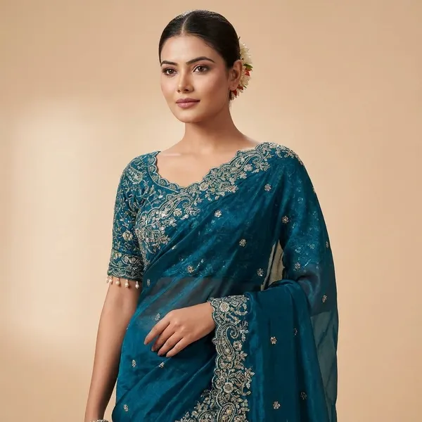 Teal_Blue_Embroidered_Saree_With_Designer_Blouse