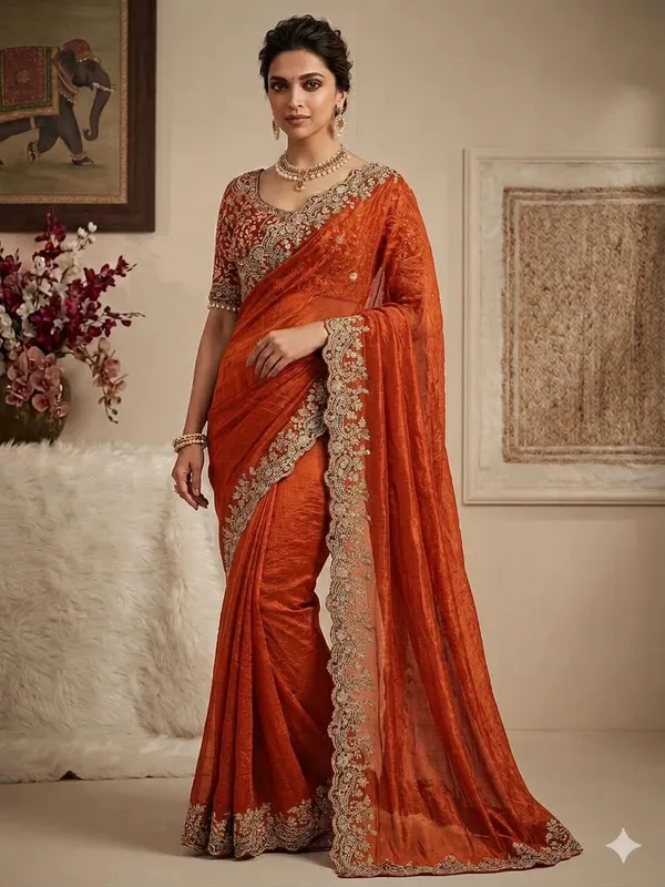 Red_And_Orange_Ombre_Embroidered_Saree_With_Blouse