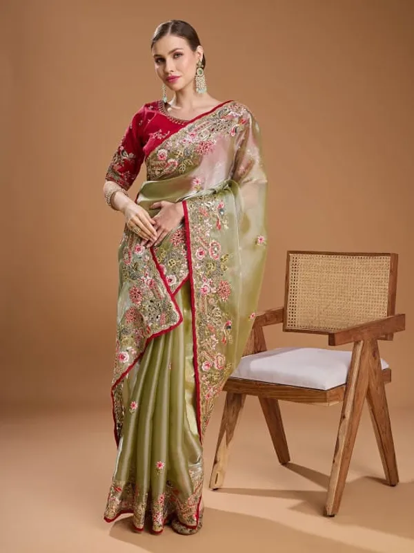 Olive_Green_Embroidered_Saree_With_Red_Blouse