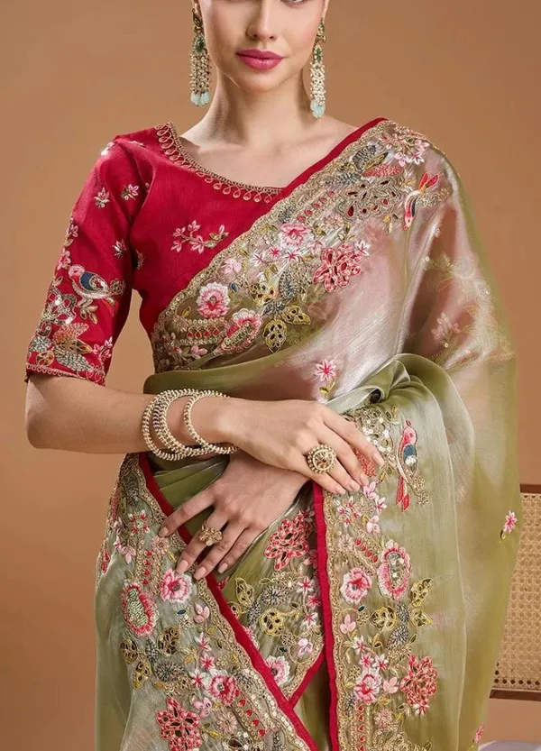 Olive_Green_Embroidered_Saree_With_Red_Blouse