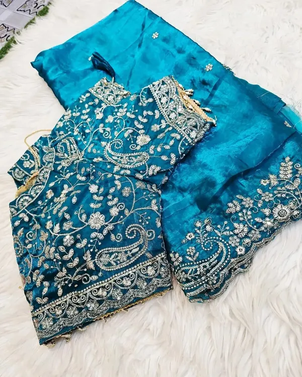 Teal_Blue_Embroidered_Saree_With_Designer_Blouse