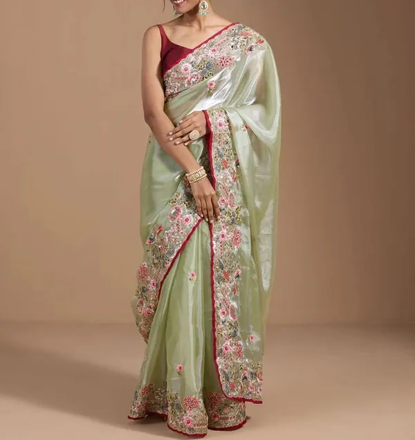 Olive_Green_Embroidered_Saree_With_Red_Blouse