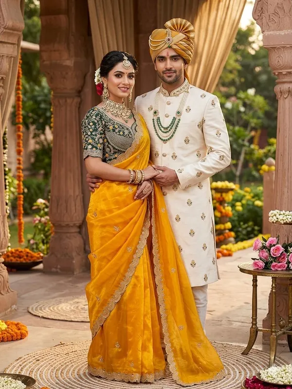 Yellow_Organza_Silk_Saree_With_Embroidered_Blouse_And_Golden_Border