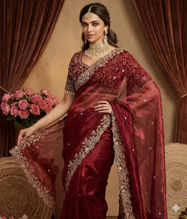 Maroon_Embellished_Organza_Saree_With_Heavy_Border_And_Blouse_Piece