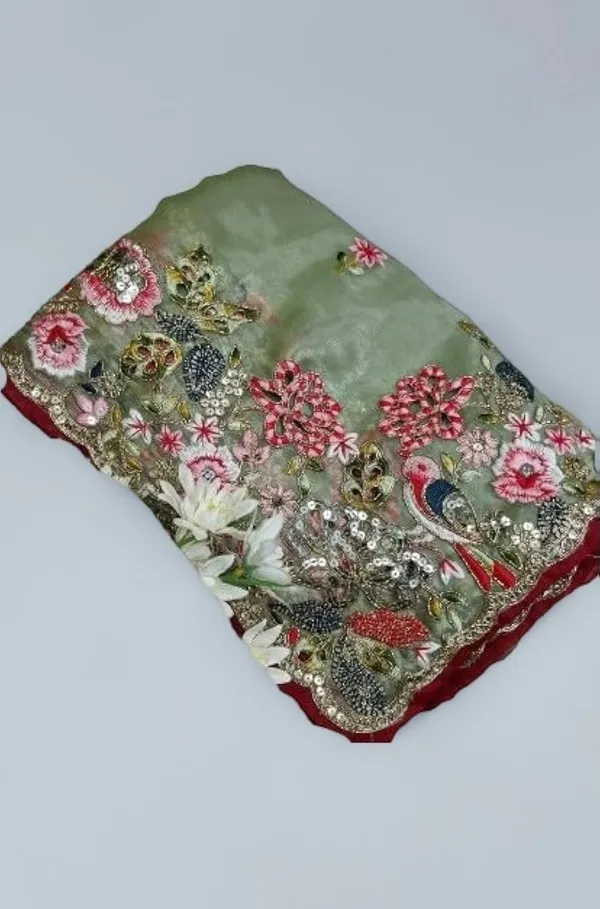 Olive_Green_Embroidered_Saree_With_Red_Blouse