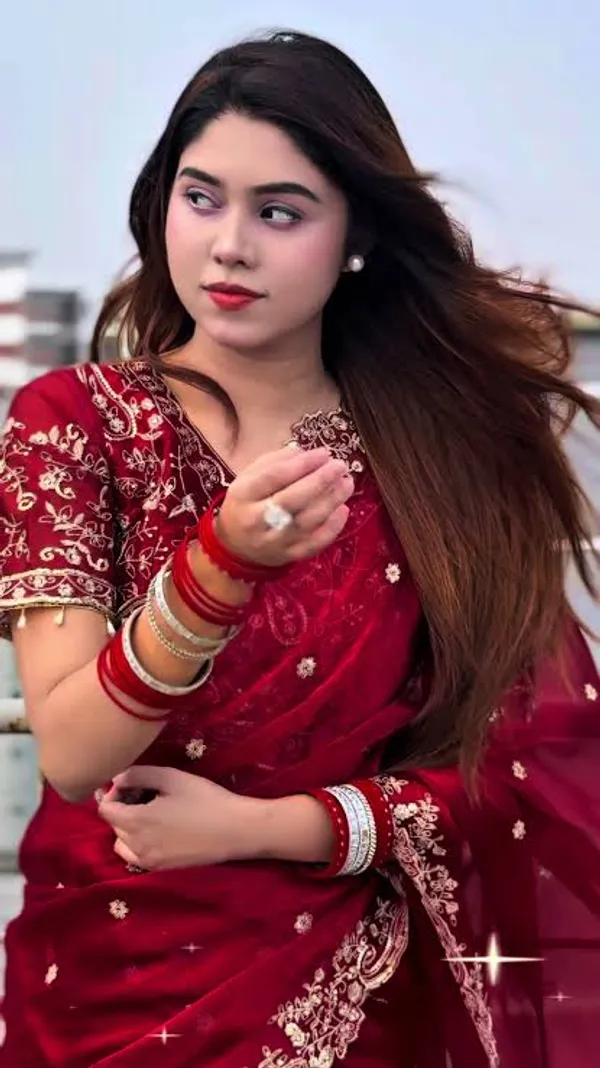 Red_Embellished_Saree_With_Golden_Embroidery_And_Sheer_Sleeves