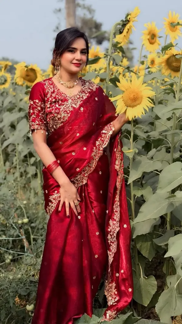 Maroon_Embroidered_Silk_Saree_With_Golden_Border_And_Blouse