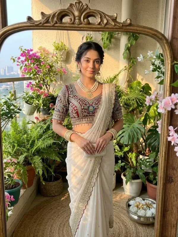 Elegant_Cream_Saree_With_Maroon_Embroidered_Blouse