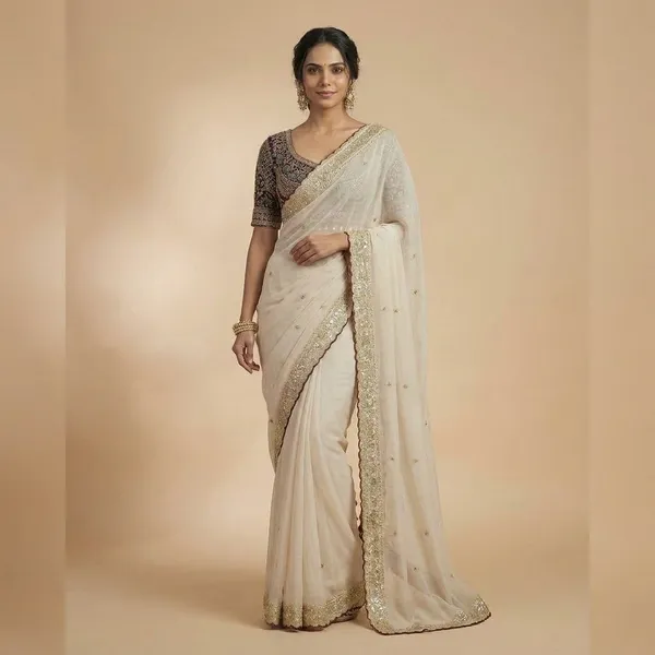 Elegant_Offwhite_Saree_With_Embroidered_Border_And_Contrast_Blouse