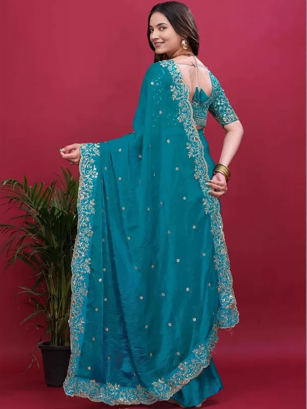 Turquoise_Embroidered_Saree_With_Blouse
