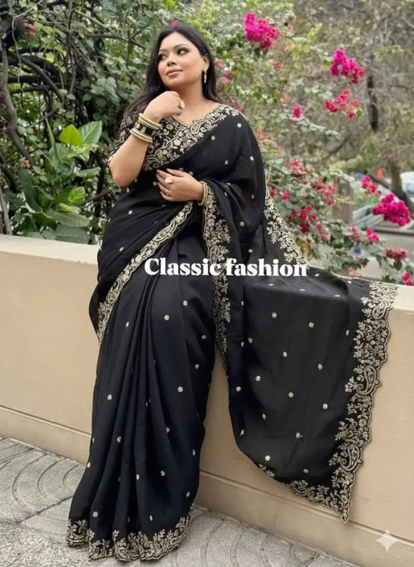 Black_Embroidered_Saree_With_Golden_Border_And_Blouse