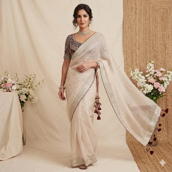 Elegant_Offwhite_Organza_Saree_With_Embellished_Border_And_Embroidered_Blouse