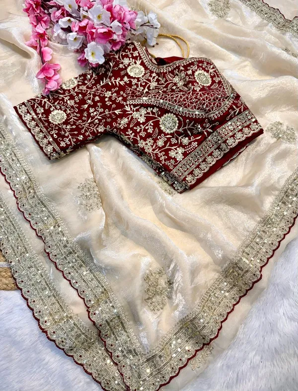 Elegant_Cream_Silk_Saree_With_Embroidered_Maroon_Velvet_Blouse