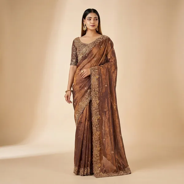 Brown_Designer_Saree_With_Embroidered_Blouse