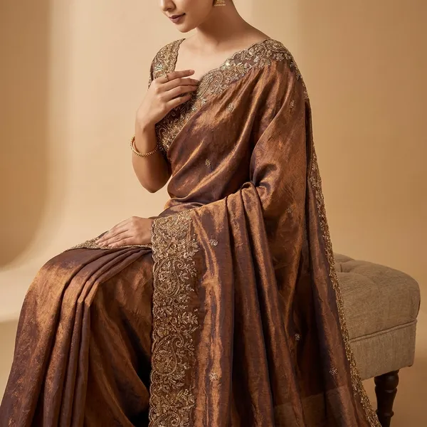 Brown_Designer_Saree_With_Embroidered_Blouse