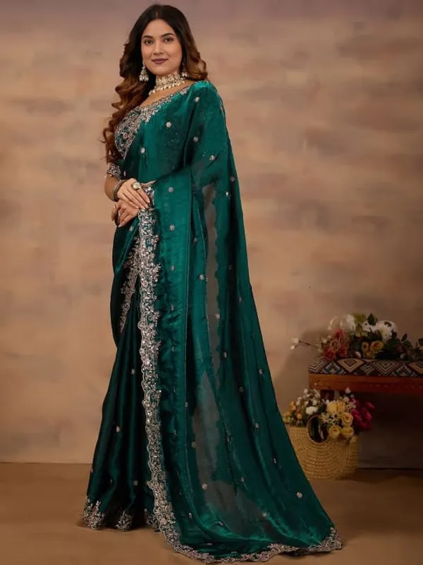 Elegant_Teal_Green_Embellished_Saree_With_Silver_Border_And_Sequin_Work