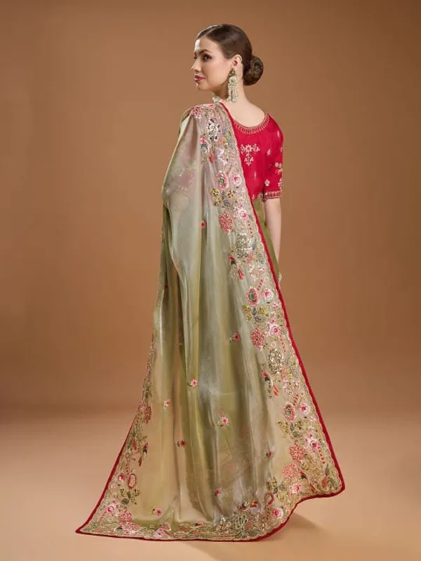 Olive_Green_Embroidered_Saree_With_Red_Blouse