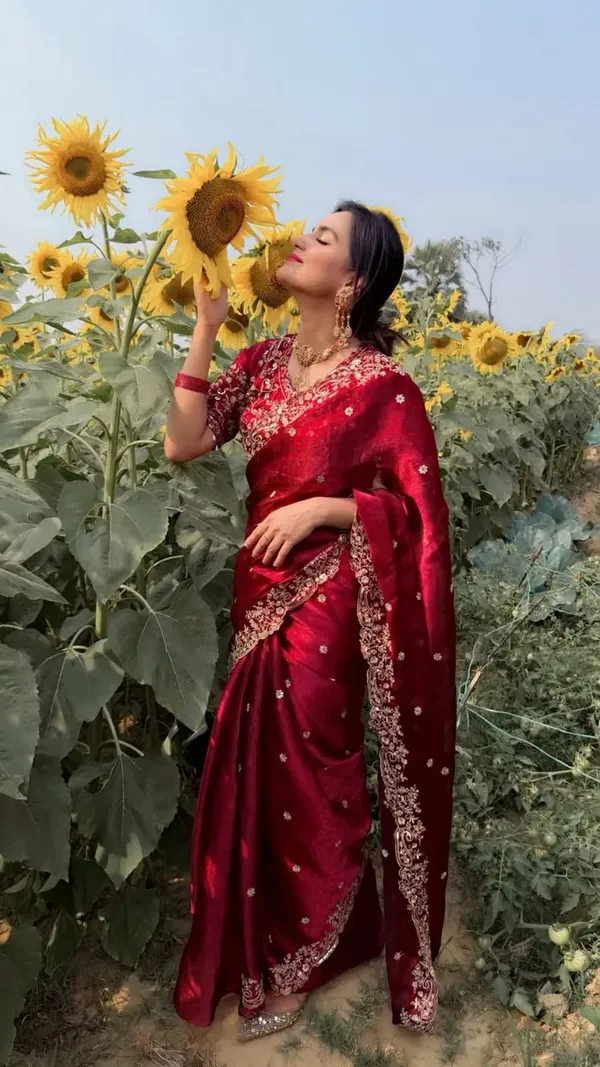 Maroon_Embroidered_Silk_Saree_With_Golden_Border_And_Blouse