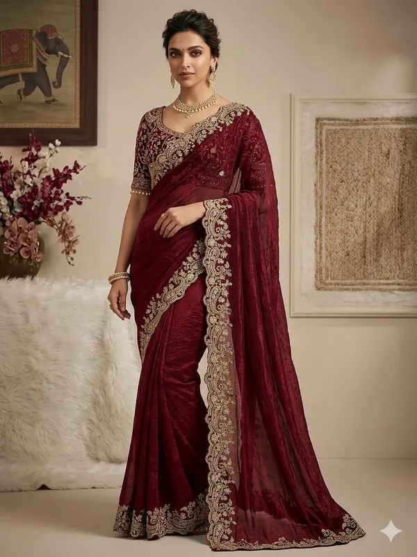 Maroon_Velvet_Embroidered_Saree_With_Heavy_Zari_Work_And_Designer_Blouse