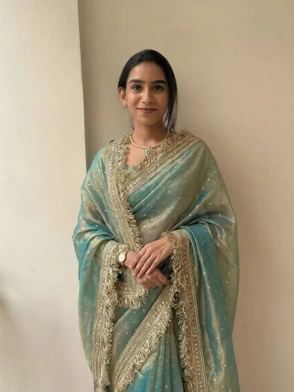 Sea_Green_Embroidered_Saree_With_Golden_Border_And_Dupatta