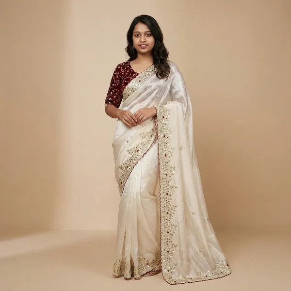 White_Organza_Saree_With_Sequin_Border_And_Maroon_Embroidered_Blouse