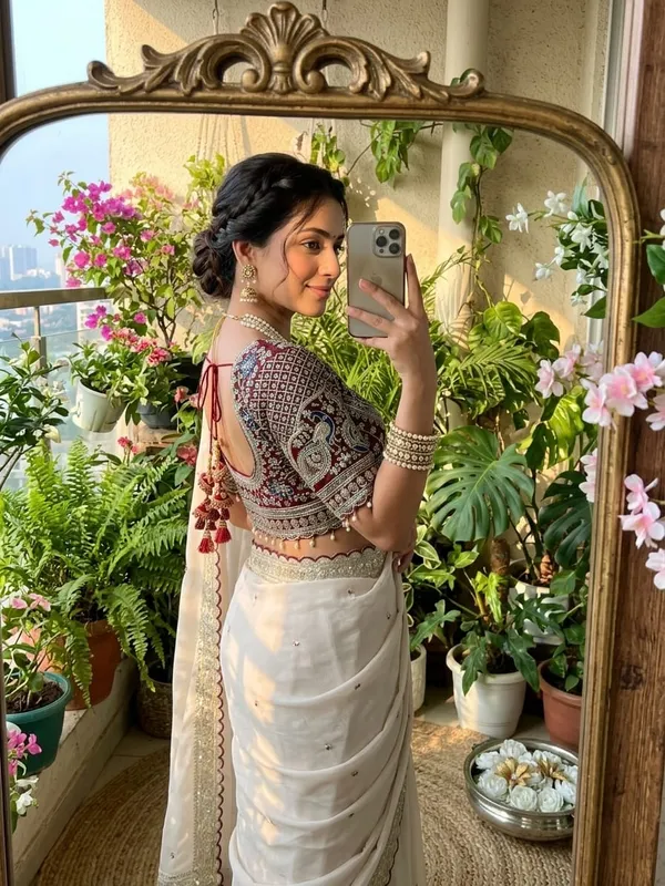 Elegant_Cream_Saree_With_Maroon_Embroidered_Blouse