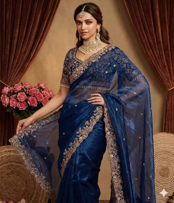 Royal_Blue_Embroidered_Net_Saree_With_Heavy_Border_And_Blouse