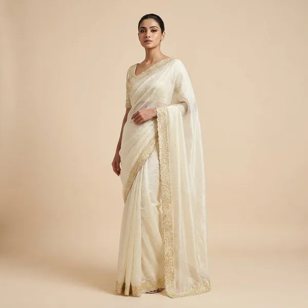 Elegant_Cream_Saree_With_Golden_Pearl_Border_And_Embellished_Blouse