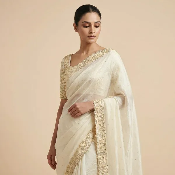 Elegant_Cream_Saree_With_Golden_Pearl_Border_And_Embellished_Blouse