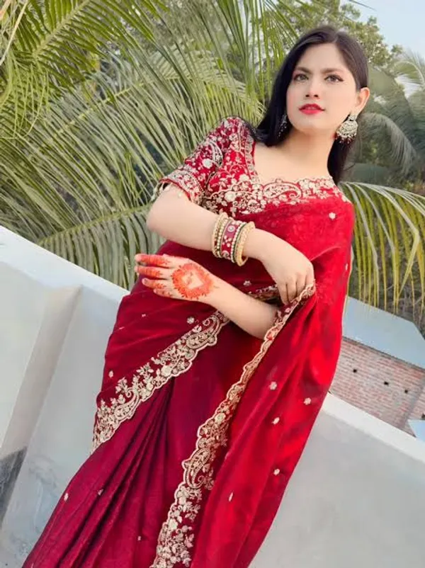 Red_Embellished_Saree_With_Golden_Embroidery_And_Sheer_Sleeves